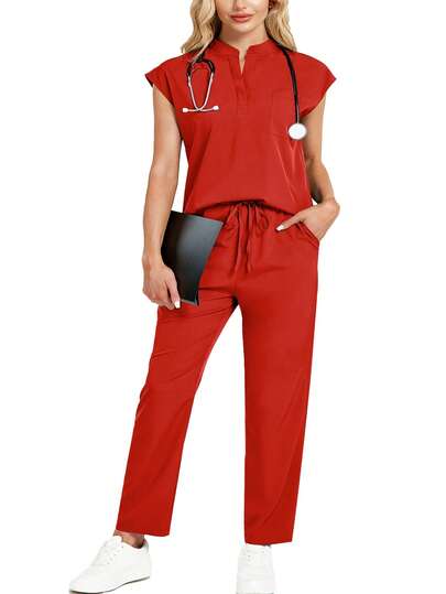 cimmuovere Plus Size Stand Collar Sleeveless Loose Top And Practical Multi-Pocket Pants Uniform Set