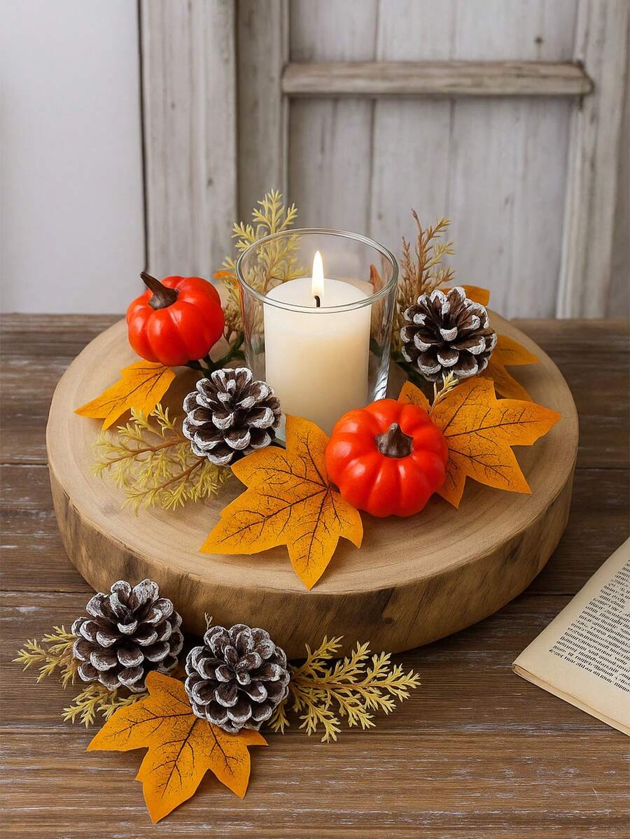 1Pc Halloween Thanksgiving Pumpkin Candle Ring Centerpiece With Autumn Maple Leaves Pinecones Berries Fall Harvest Table Decor Spooky Candle Holder Wreath For Holiday Party Tiered Tray Dining Room Fireplace Mantel Decoration Fall Decor