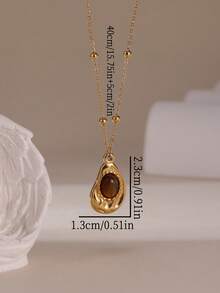 1pc 18K Stainless Steel Asymmetrical Tiger Eye Stone Pendant Necklace, Suitable As Mother's Day Gift - Water Drop - View 3