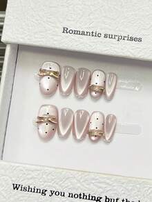 10 Peças Unhas Feitas à Mão Ovais, Unhas Acrílicas Postiças Curtas e Longas, Minimalismo Unhas Rosa Claro Olho de Gato Brilhante, Borda Glitter, Poá Pintado à Mão, Gemas de Unha 3D Laço de Pérola Embutido, Unhas de Outono Simples Elegantes e Luxuosas, Feitas à Mão, Unhas Postiças para Casamento, Uso Versátil DIY Unhas Falsas para Festa, Uso Diário e Encontros, Praia e Férias Tropicais, Reutilizáveis, para Mulheres e Meninas como Presente, Suprimentos de Unhas Feitos à Mão - Rosa chiclete - Visão 3