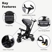 Kinder King Kids Tricycle, 8 In 1 Folding Toddler Trike W/Adjustable Push Handle, Rotatable Seat, Adjustable Canopy, Bell, Five-Point Harness, Storage, Toddler Bike, Gray - Grey - View 6