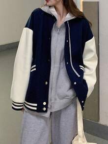 A rayas  Color combinado  Colorblock    Casual    Botón delantero  Bolsillo Chaqueta de béisbol para chicas estudiantes, nueva colección otoño-invierno, estilo suelto Harajuku, chaqueta versátil y de moda - Azul Marino - Ver 2