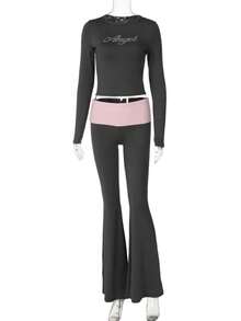 Lässige Sportliche 2-teilige Sets Damen Trainingsanzüge Buchstaben Strass Langarm Crop Tops und Schlaghosen passend zu Y2K Streetwear