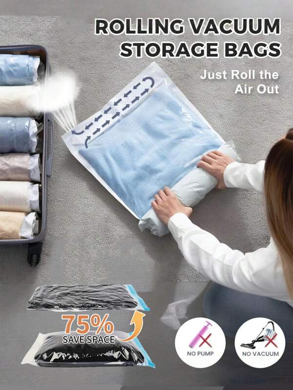 8/3/1pcs Vacuum Compression Bags, Travel Vacuum Storage Bags, Clothes Compressed Bags, Manual Roll-Up No Pump Required, Home & Travel Luggage Packing Cubes For Clothes, Blankets, Shirts, Comforters, Pillows, Pants, Space Saver For Dorm, Closet, Bedroom, Bathroom, Travel Accessories, Wardrobe Organizer