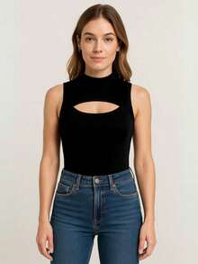 Women's Bodysuit With High Neck And Cutouts, Ideal For Summer Use - Black - View 2