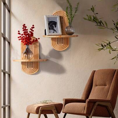1件波西米亚风藤编壁挂架 - 复古简约家居装饰，木质壁挂式植物架，适合小型盆栽，可用作悬浮展示架，适用于客厅、卧室、餐厅、浴室、办公室等空间，打造精美的艺术墙面装饰。