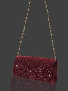 闪亮水钻翻盖晚宴包派对包，优雅时尚的褶皱手拿包舞会包，配有闪亮水钻首饰三件套，适合派对、晚宴、聚会、舞会、婚礼。 - 酒紅色 - 查看 5