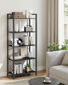 VASAGLE Bookcase, Bookshelf 5 Tier, Standing Display Storage Rack With Steel Frame, For Living Room, Office, Study, Hallway, Industrial Style, Ebony Black And Ink Black