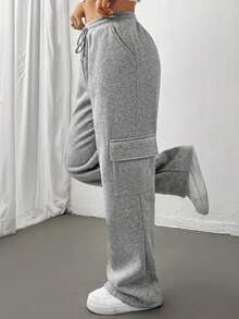 Warm Lined Plus Size Knitted Cargo Pants Drawstring Straight Leg With Pockets Long Length For Ultimate Comfort - Grey - View 3