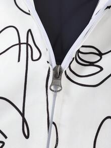 Men's Fashion Abstract Face Minimalist Black & White Line Print Jacket Casual Zipper Streetwear Style - White - View 5