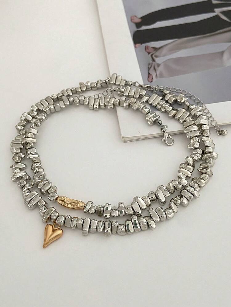 2 peças/Conjunto Colar Pingente de Coração Assimétrico Estilo Boêmio com Pérolas Falsas, Joia Charmosa de Luxo, Presente para Mulheres, Casais, Uso Casual, Festa, Feriado - colar - Visão 7