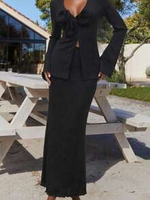 Women Elegant Textured Draping Wave Hem Skirt - Black - View 5