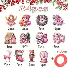 12/24 piezas Decoraciones navideñas rosas - Colgantes de papel, gotas y adornos superiores, con varios diseños festivos, para decorar el árbol de Navidad - Decoraciones tradicionales no eléctricas para días festivos, con cintas adjuntas