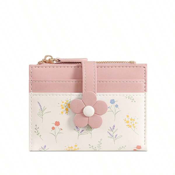 New Korean Cute Floral PU Leather Short Wallet, Student Coin Purse Card Holder Zipper Pouch