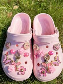 18pcs Pink Ballet Angel, Rose, Heart, Flower, Pearl Round Bow, Glitter Butterfly Detachable Decorative Accessories, Suitable For Sandals, Slippers, Clogs, Garden Shoes, Beach Shoes, All Season, Great Gift