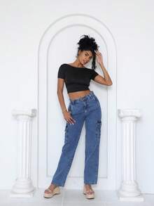 Moderna & Slim Short Sleeve Blouse With Fully Exposed Back - Fully Open Back Blouse - 黑色的 - 查看 3