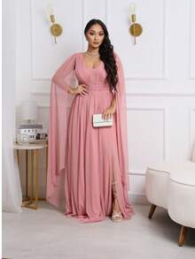 Party Dress Without Shine With Cape Detail Braid Guest Bridesmaid Wedding Mother - 乾枯玫瑰色 - 查看 1