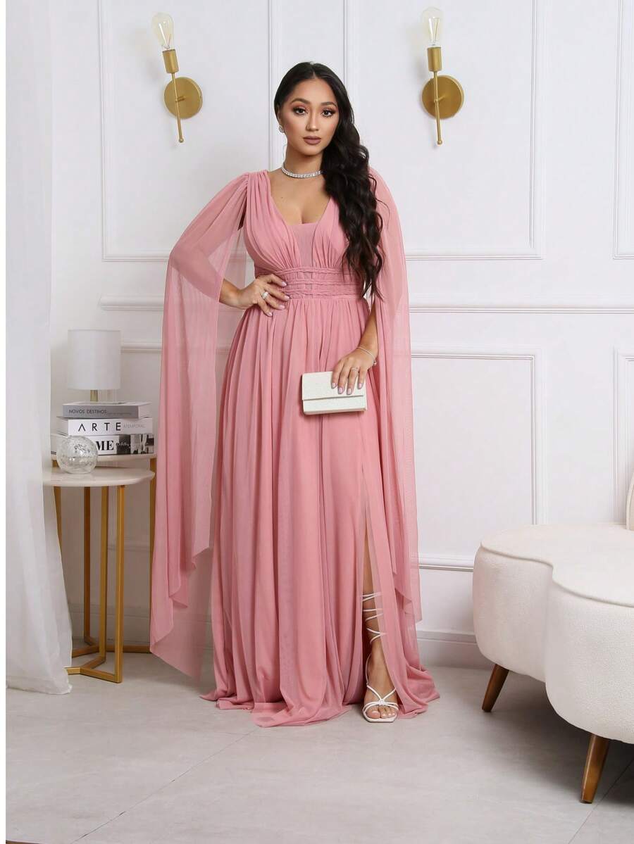 Party Dress Without Shine With Cape Detail Braid Guest Bridesmaid Wedding Mother - 乾枯玫瑰色 - 查看 1