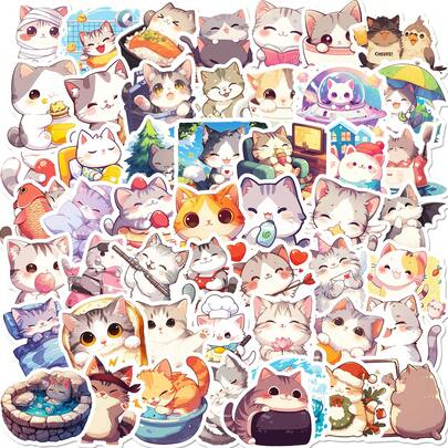 50pcs Cute Cat Stickers, Suitable For Laptop, Water Bottle, Luggage, Helmet, Motorcycle, White Color, No Power Required, Great For Gifts, Rewards, Office Supplies, Labels, Seals, Matte Finish