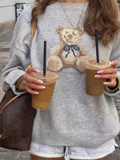 2025 Autumn/Winter New Fashion Casual Vintage Colorblock Cute Teddy Bear Graphic Knit Pullover Sweater, Women Animal Print Basic Tops, Going Out Tops, Fall Women Clothes, Korean Style, Modest Women, Party Women, Y2K Women, Tops For Going Out, Concert Women, Date Night Women