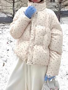 Winter Women Casual Loose Puffer Jacket Long Sleeve Floral Printed Stand Collar Short Pockets Padded Coat Korean Fashion Party Coats Christmas Outerwear Female Clothes Birthday Outfits