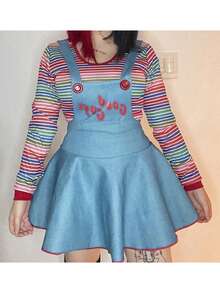 Women Devil Costume Halloween Cosplay Long Sleeve Striped Tops And Suspender Skirt Outfits - Màu xanh lam - Xem 2