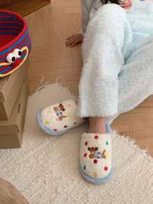 XIXITIAO 1 双可爱波尔卡圆点狗卡通趣味毛绒家居拖鞋，时尚舒适铃铛小狗波尔卡圆点图案平底鞋，男女通用保暖一脚蹬拖鞋 - 藍色 - 查看 10