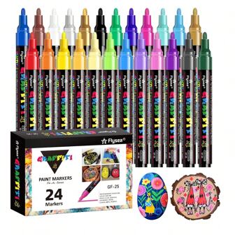 24 色丙烯酸墨水记号笔，2-3 毫米中号笔尖，适用于织物、帆布、岩石、玻璃、木材、塑料、DIY 工艺美术用品