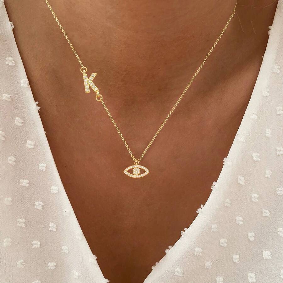 1pc Simple Fashion Initial Eye Pendant Golden Stainless Steel Chain Necklaces For Women - Yellow Gold - View 1
