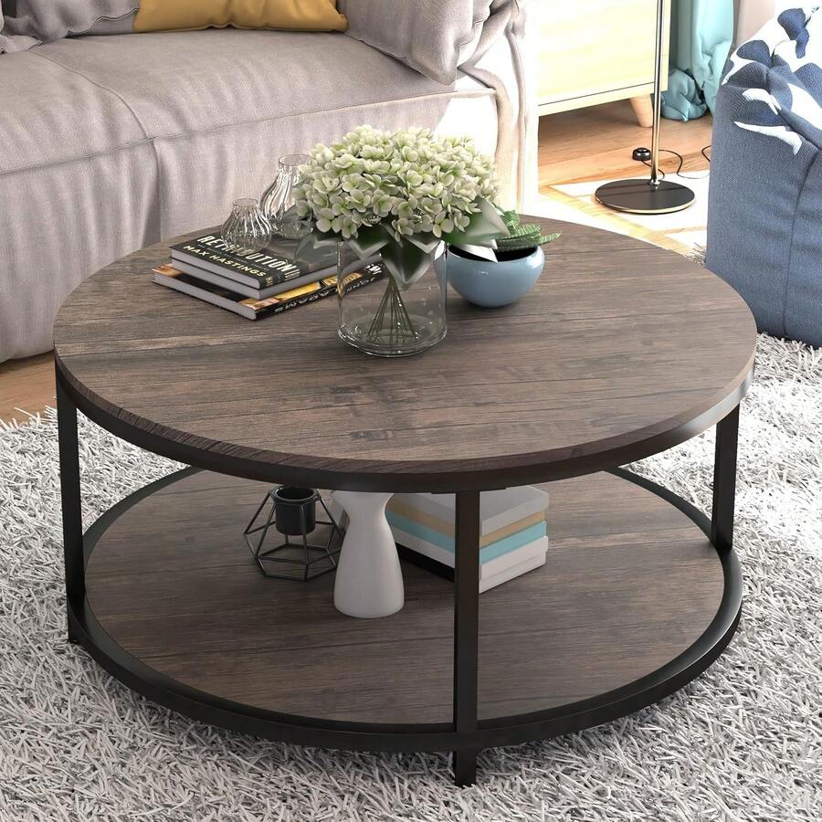NSdirect Round Coffee Table,36 Coffee Table Living Room,2-Tier Rustic Wood Desktop With Storage Shelf Modern Design Home Furniture(Light Walnut) - 淺胡桃木色 - 查看 1