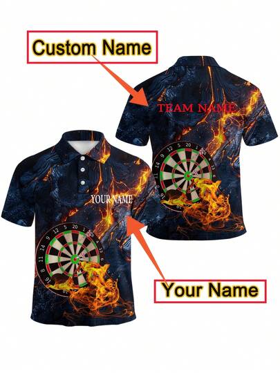 Customized 3D Darts Print Men's Shirt, Personalized With Name And Team Name, Casual Short Sleeve Button-Down T-Shirt, Polyester Blend, Regular Fit, Vibrant Flame Design, Hand Wash Or Dry Clean,Gymboy