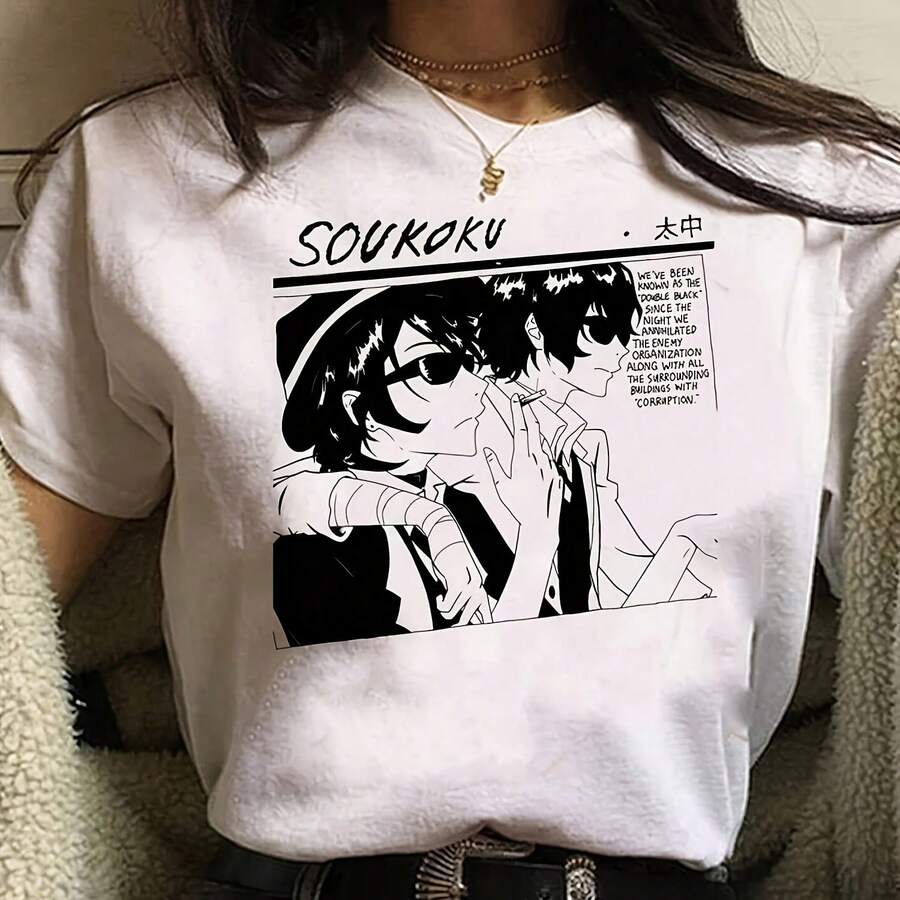 Dazai T-Shirt Frauen Mmer Streetwear Comic T-Shirt Weibliche Y2k Lustige Comic-KleidungPlus Size Butterfly Graphic T-Shirt For W - 白色3 - 查看 1