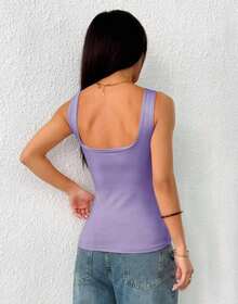 Women's Square Neckline Straight Suplex Tank Top - Lilac Purple - View 3