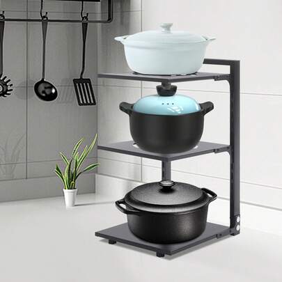 3 Tiers Black Pot Rack Organizer, 20kg/ 44.09lbs Load Capacity (Each Tier) Stand Rack, Pot Lid Holder For Holding Pots And Pans Including Skillets, Pans, Flat Cutting Boards, Baking Sheets On Kitchen Countertops, Inside Cabinets, Bathrooms