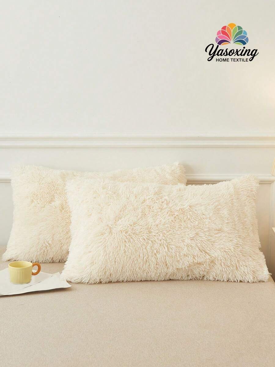 2pcs Beige Fuzzy Plush Pillow Cover Pillowcase Zipper Closure For Bedroom Living Room Sofa Chair, Soft Comfortable Home Decor Cushion Cover, Pillow Insert Not Included - Beige - View 1