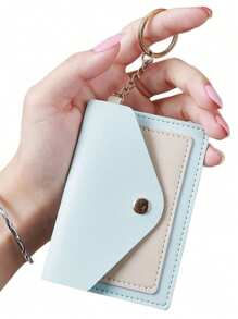 Pieru 3-Color Metal Button Card Holder | Multi-Card Layered Storage, Key Ring Design | Gold Keyring | Mini Wallet Purse, Black/Blue/Pink Pastel Colors | Portable Card Pouch