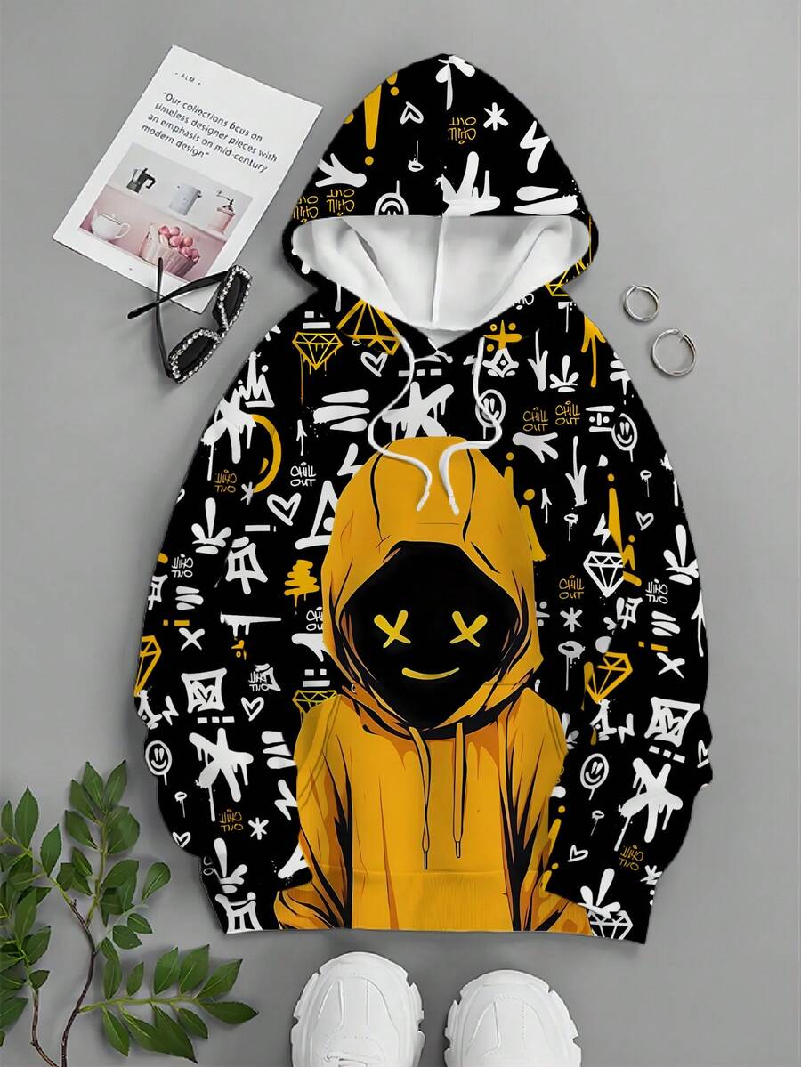 Men's Casual Hooded Sweatshirt With Cartoon Pattern, Fall
