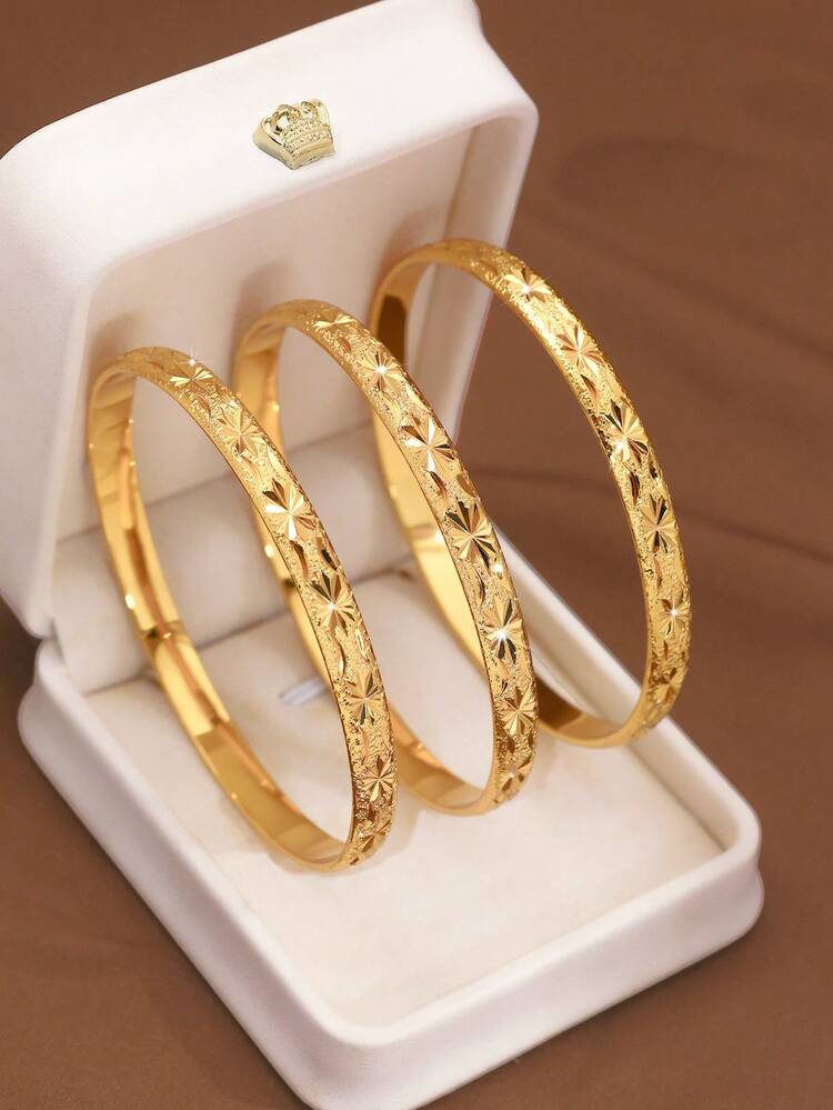 1/3/6 سوار مطلي بالذهب عيار 24 قيراط بنمط سماء مرصعة بالنجوم، خيارات أقطار 60 مم/65 مم/70 مم، مناسب للاستخدام اليومي للنساء، بدون تغليف - الذهبي - مشاهدة 2