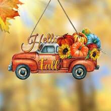 1pc Hello Fall Thanksgiving Day Harvest Sunflower Colored Pumpkin Car Wood 7.87in/20cm Sign Hanging Home Decoration, Tree Outdoor Decoration Pendant For Garden Room Festival Party Supplies Restaurant Festival Party Decoration
