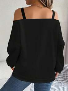 Fashionable Minimalist Solid Color Off Shoulder Long Sleeve Sweatshirt, Spring/Autumn - Black - View 2