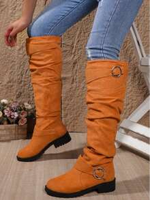 New Autumn And Winter Women's Shoes, Ruffled Low - Heel Western Cowboy Boots With Belt Buckles. These Are Long Boots With Thick Heels, Slimming Long Tubes. They Are Sports - Casual Knee - High And Thigh - High Boots, Versatile And Sexy Autumn And Winter Cowboy Boots. - 橘色 - 查看 4