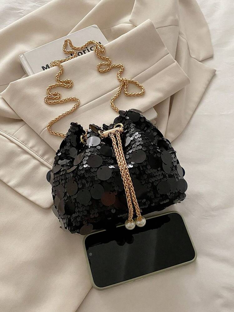 1 Peça Bolsa Balde com Cordão de Corrente, Fechamento de PVC com Lantejoulas Brilhantes, Decoração de Metal e Pérola, Glitter Colorido, Bolsa de Ombro e Transversal para Festa à Noite de Mulheres, Estojo para Batom, Presente da Moda, Adequado para Festa e Ocasiões Formais (As Propriedades Físicas do Item Podem Produzir Leves Sons, Compre Conforme Necessário), Ano Novo, Casamento, Dia dos Namorados, Lantejoulas - Preto - Visão 3
