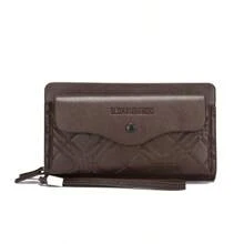 男士长款商务钱包，便携式手拿包，大容量双拉链手提包，多卡槽，手机袋，菱形设计，PU材质 - 棕色 - 查看 3