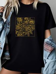 Yellow Roses Line Art Drawing Aesthetic Roses For The Ladies T-Shirt         Graphic Tees Women Crop Tops Summer Outfits For Women Summer Tops T-Shirt - Black - View 1