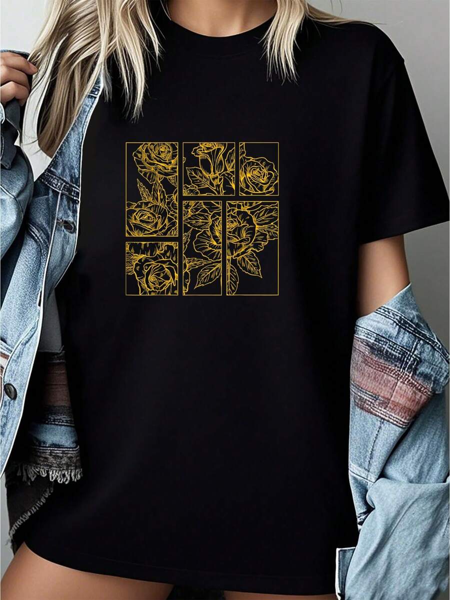 Yellow Roses Line Art Drawing Aesthetic Roses For The Ladies T-Shirt         Graphic Tees Women Crop Tops Summer Outfits For Women Summer Tops T-Shirt - Black - View 1
