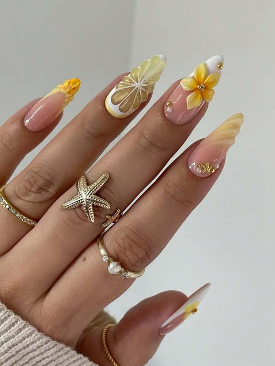 24 件/套法式杏仁形海洋风格优雅 3D 清新柠檬花渐变波尔卡圆点甜美按压式全覆盖假指甲，含 1 件果冻凝胶和 1 件指甲锉，增添浪漫气息，让您看起来甜美，适合日常约会美甲用品指甲 - 彩色 - 查看 1