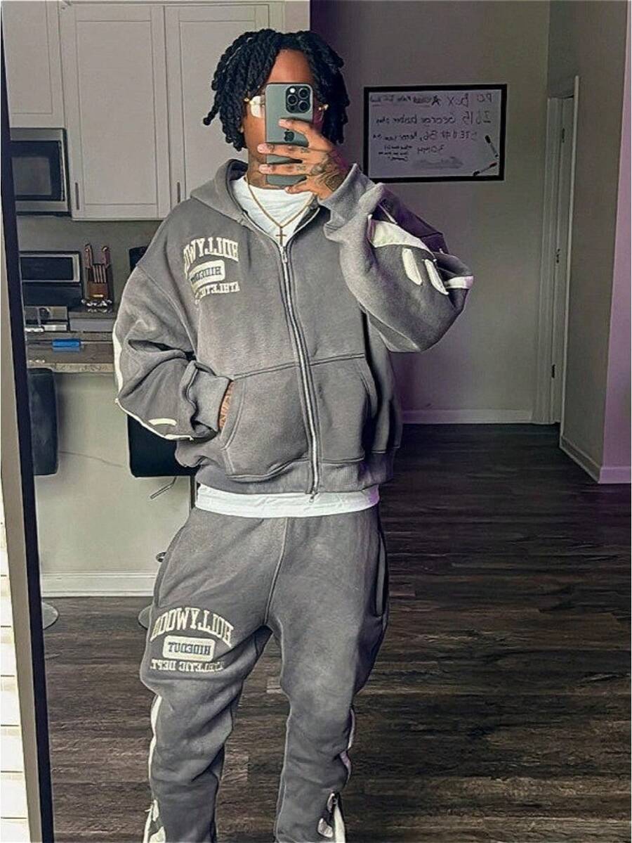 Loose And Casual Fashionable Y2K Street Style Letter-Printed Zipper Pullover Hooded Sweatshirt For Men, Sports Style Hoodie