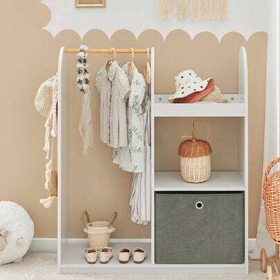 SoBuy Children Kids Wardrobe Closet Dress Up Storage With Hanging Rail, Storage Box And 3 Hooks White W97 X D35 X H108cm KMB40-W Children Clothes Rack Kids Clothes Rack Children Wardrobe Closet With Hanging Rail Kids Wardrobe Closet With Hanging Rail Children Room Furniture White Morden Style Minimal Style Nordic Style