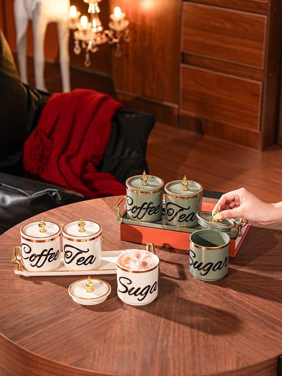 1 Set Plastic Multi-Function Storage Jars Sealed Canisters Tray Set For Grains, Candies, Cookies, Bread, Suitable For Outdoor, Wedding, Party, Gift, Birthday, Used To Store Sugar, Coffee, Tea, Decorated With Tea, Coffee, Sugar Labels
