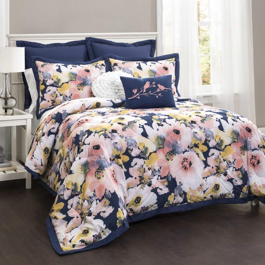 LUSH DECOR Floral Watercolor Comforter Blue 7Pc Set Full/Queen Halloween-Fall Decor-Room Decor - 藍色 - 查看 1